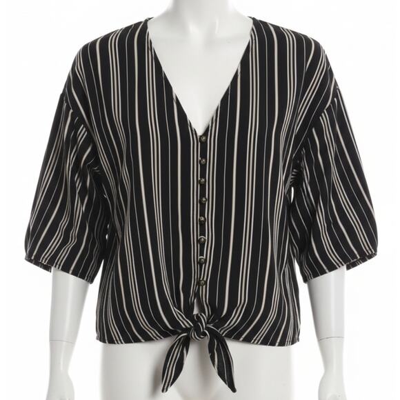 Maurices Womens Top Size M Black Gray Striped Button Tie Front Boho Hippie - Picture 1 of 7